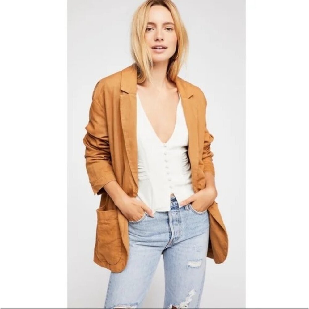 Free People Tan Brown Linen Cotton Oversized Blazer Jacket X-Small Preppy - Picture 2 of 15